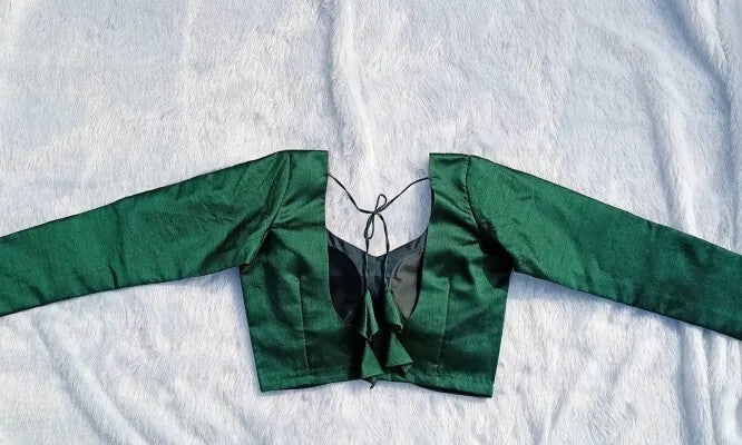 Bottle Green Tukki Full Sleeves Plain Raw Silk Blouse