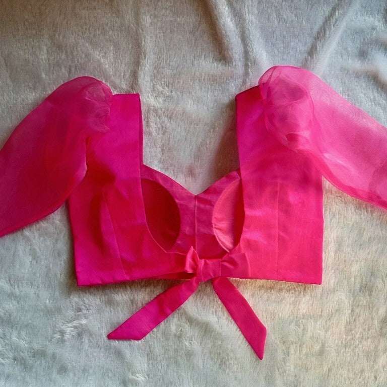 Pink Back Knot and Organza Full Sleeves Plain Raw Silk Blouse