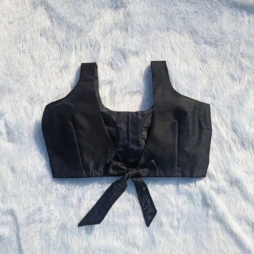 Black U Neck and Back Knot Plain Raw Silk Blouse