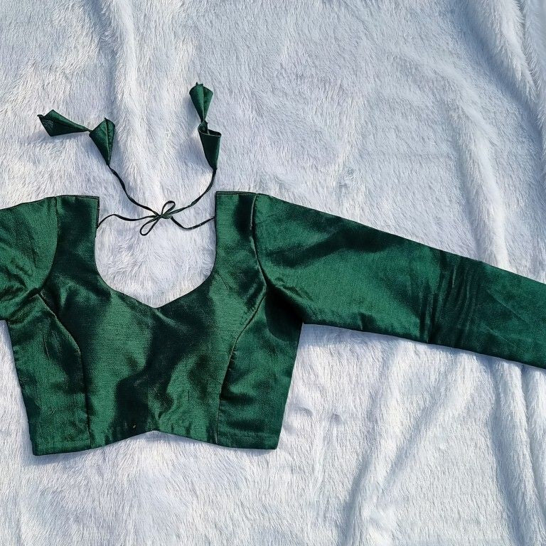Bottle Green Tukki Full Sleeves Plain Raw Silk Blouse