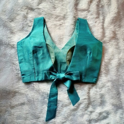 Blue V Neck and Back Knot Plain Raw Silk Blouse - Fal3022