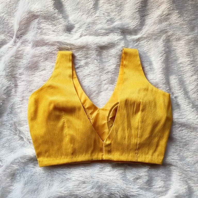 Yellow V Neck Plain Raw Silk Blouse