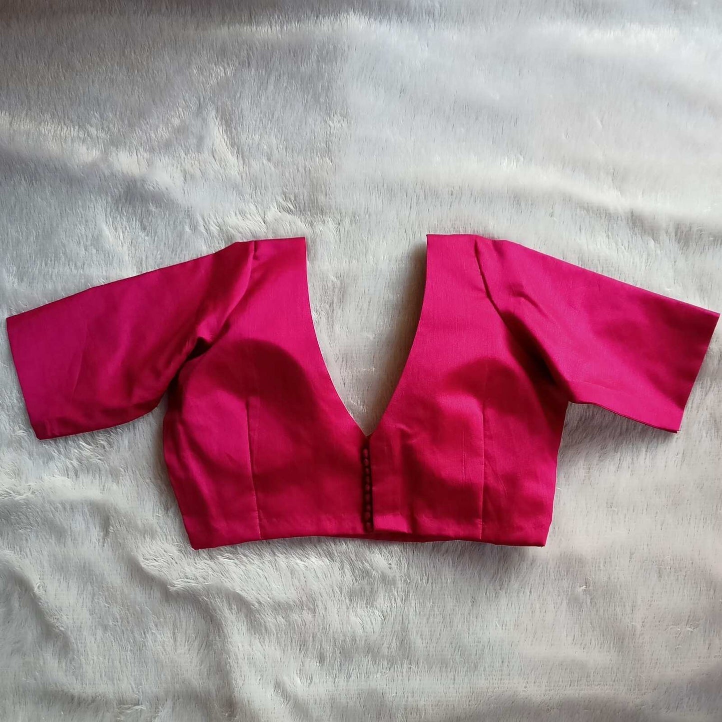 Pink Deep V Neck and Back Potli Button Plain Raw Silk Blouse - Fal3020