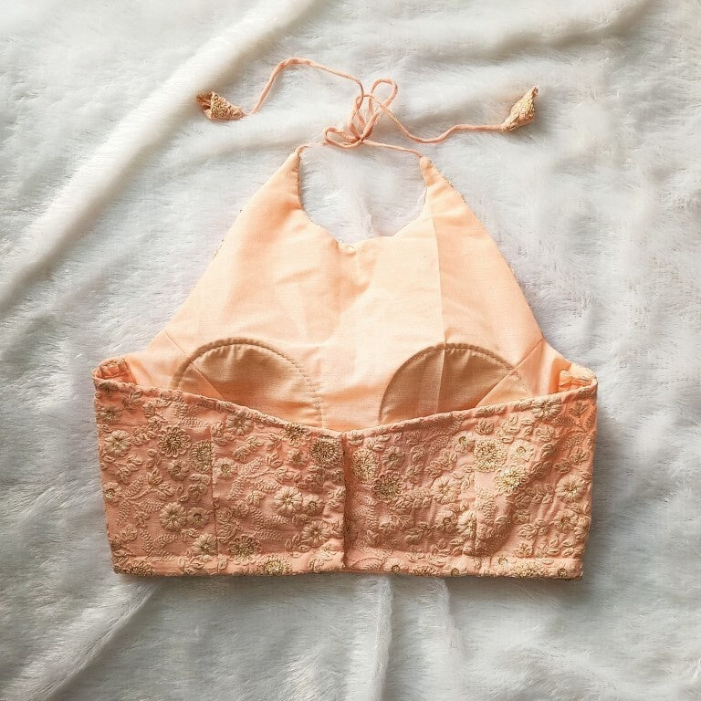 Peach Chikankari Halter Neck Georgette Blouse