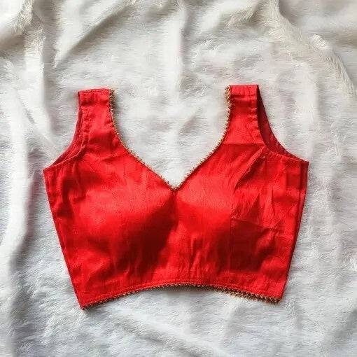 Red Leaf Neck Plain Raw Silk Blouse