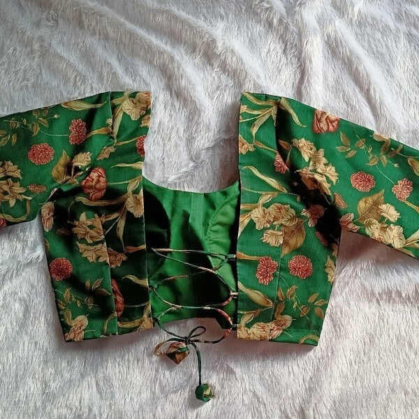 Bottle Green Floral Printed Criss Cross Full Sleeves Chanderi Blouse