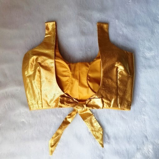Shimmer Golden U Neck and Back Knot Plain Raw Silk Blouse