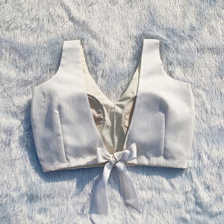 White V Neck and Back Knot Plain Satin Blouse