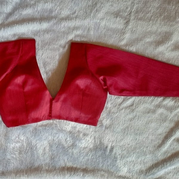 Maroon Deep V Neck and Back Potli Button Full Sleeves Plain Raw Silk Blouse