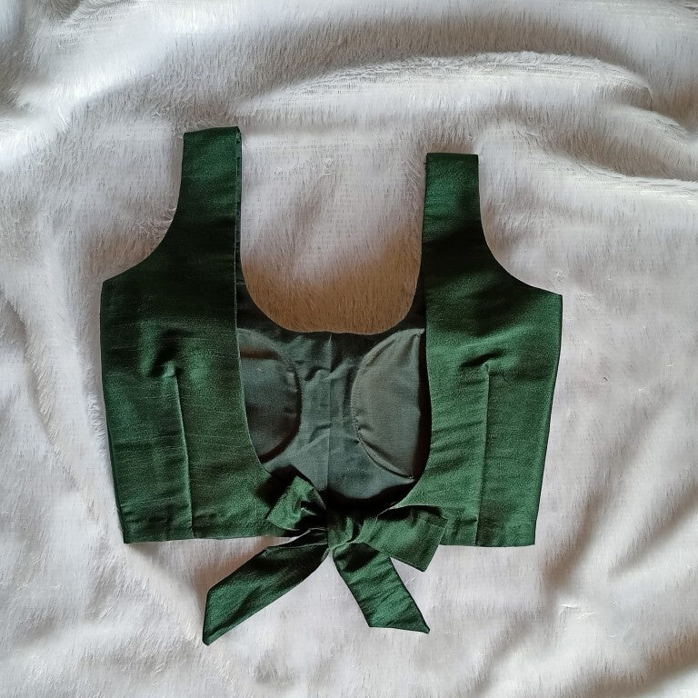 Bottle Green U Neck and Back Knot Plain Raw Silk Blouse