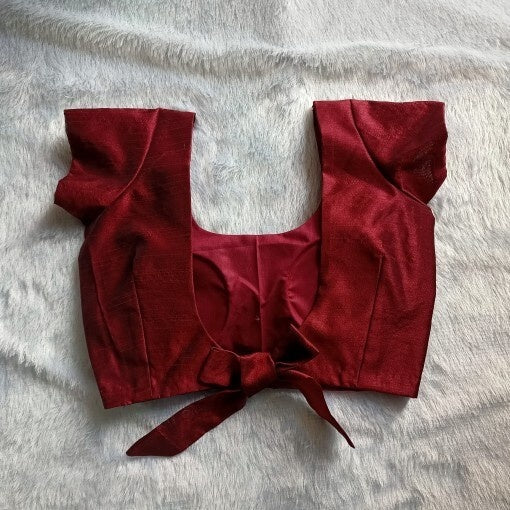 Maroon U Neck and Back Knot Plain Raw Silk Blouse