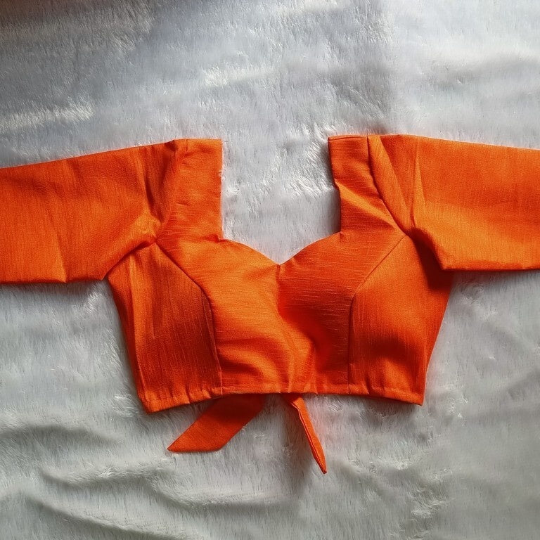 Orange Back Knot Full Sleeves Plain Raw Silk Blouse