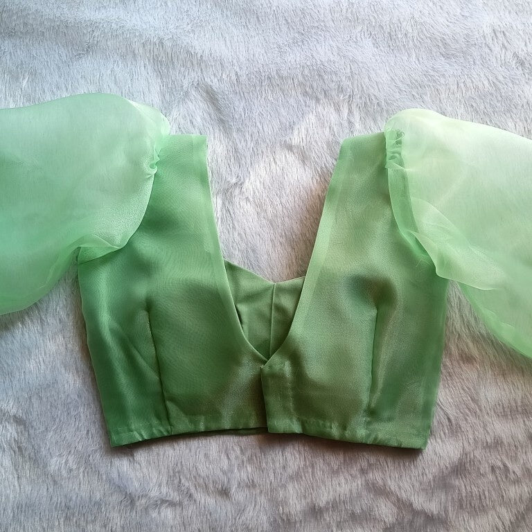 Light Green Raw Silk Organza Puff Sleeves Blouse