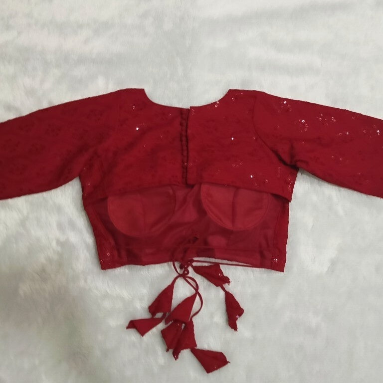 Maroon Chikan Embroidery Full Sleeves Back Knot Cotton Blouse