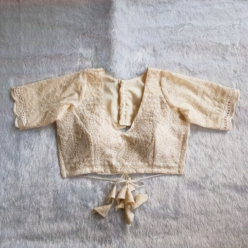 White Chikan Embroidery V Neck Back Knot Cotton Blouse
