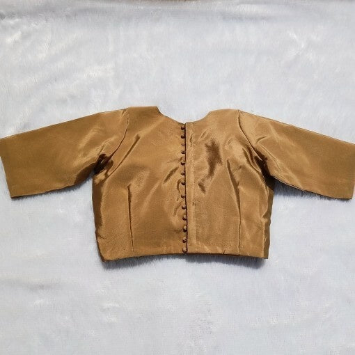 Golden Deep V Neck and Back Full Potli Button Plain Raw Silk Blouse