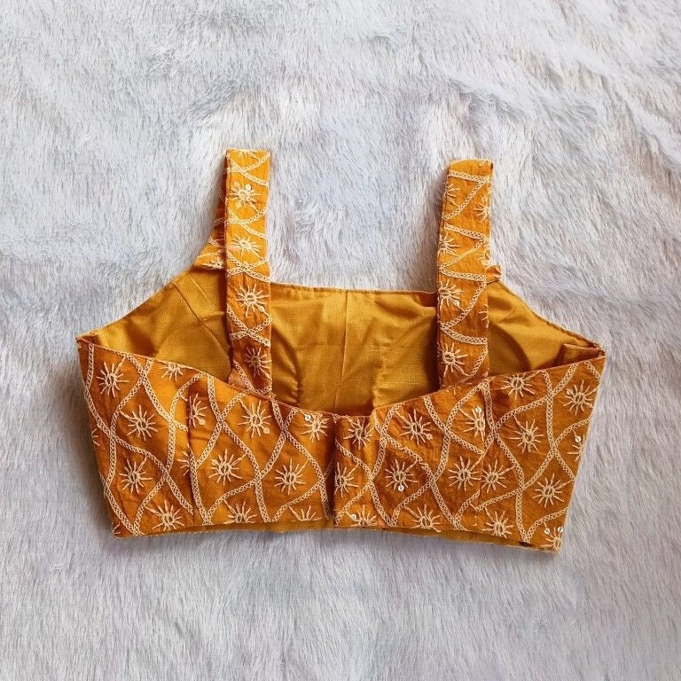 Mustard Chikan Cotton Blouse Blouse