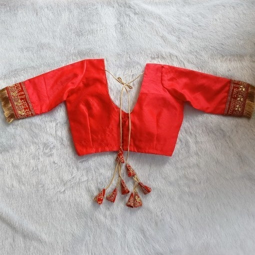 Red Sobhagyawati Deep V Neck and Back Potli Button Plain Raw Silk With Handmade Tassles and Blouse