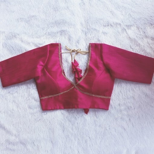 Rani Pink Deep V Neck and Back Potli Button Plain Raw Silk With Handmade Tassles Blouse Fal3094