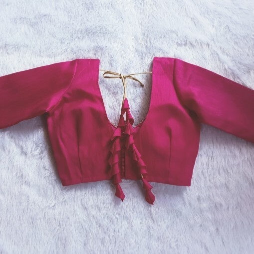 Rani Pink Deep V Neck and Back Potli Button Plain Raw Silk With Handmade Tassles Blouse