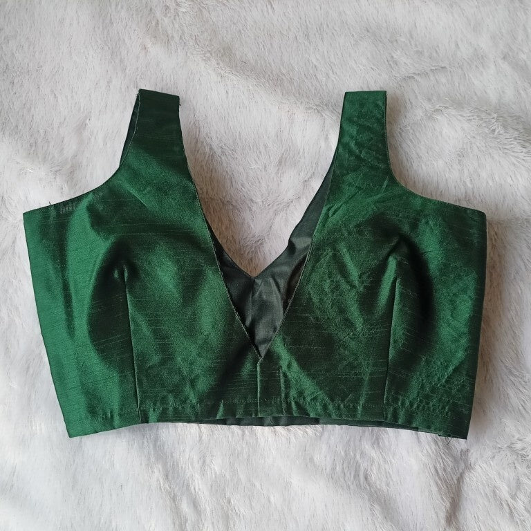 Bottle Green V Neck Raw Silk Blouse