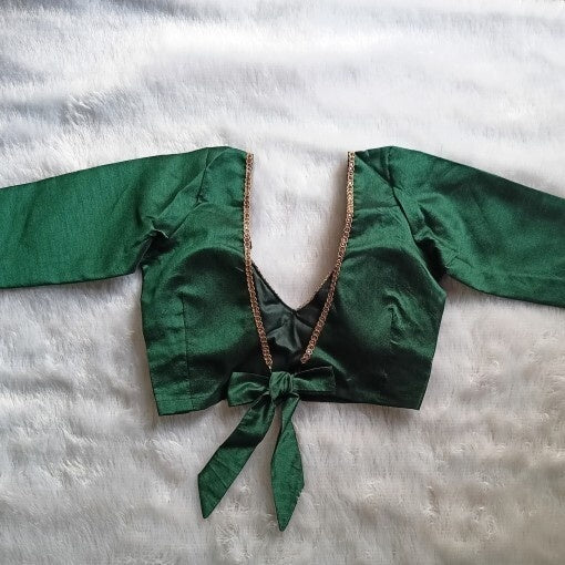 Bottle Green Deep V Neck and Back Knot Plain Raw Silk Blouse