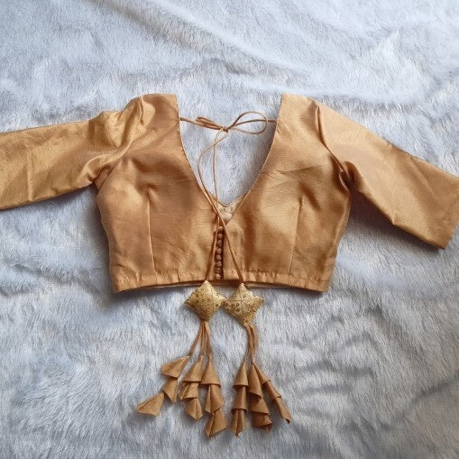 Golden Deep V Neck and Back Potli Button Plain Raw Silk With Handmade Tassles Blouse