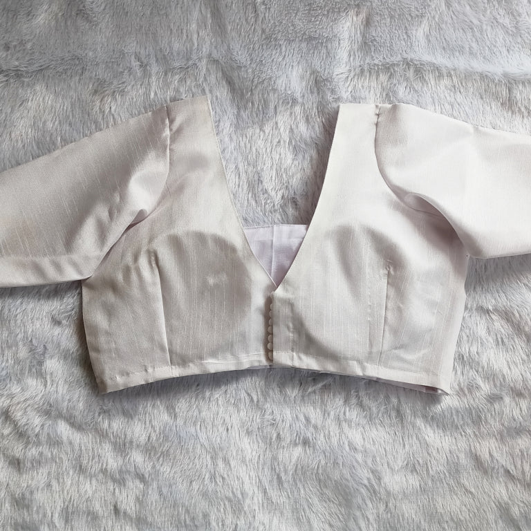 White Square Neck Raw Silk Elbow Sleeves Blouse