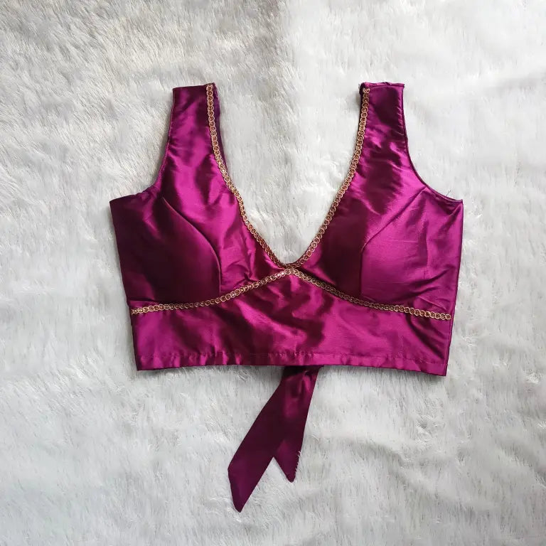 Wine Deep V Neck and Back Knot Plain Raw Silk Blouse