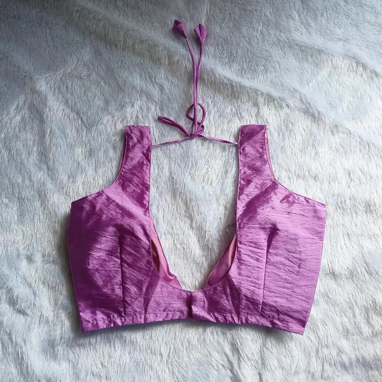 Lavender Deep V Neck Plain Raw Silk Blouse