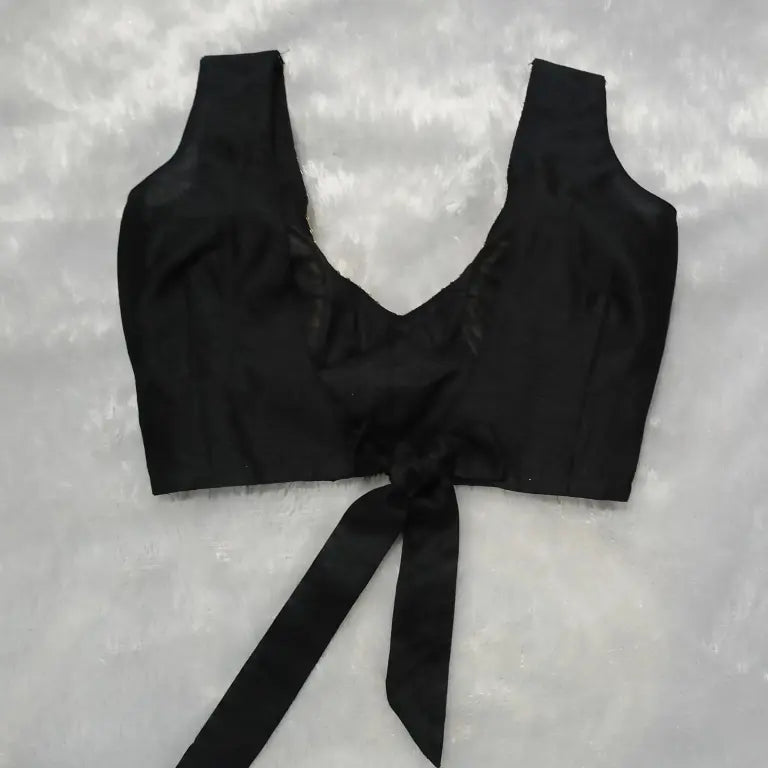 Black Deep V Neck and Back Knot Plain Raw Silk Blouse