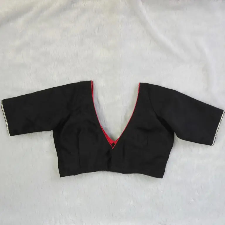 Black Deep V Neck with Red Piping and Back Potli Button Plain Raw Silk Blouse