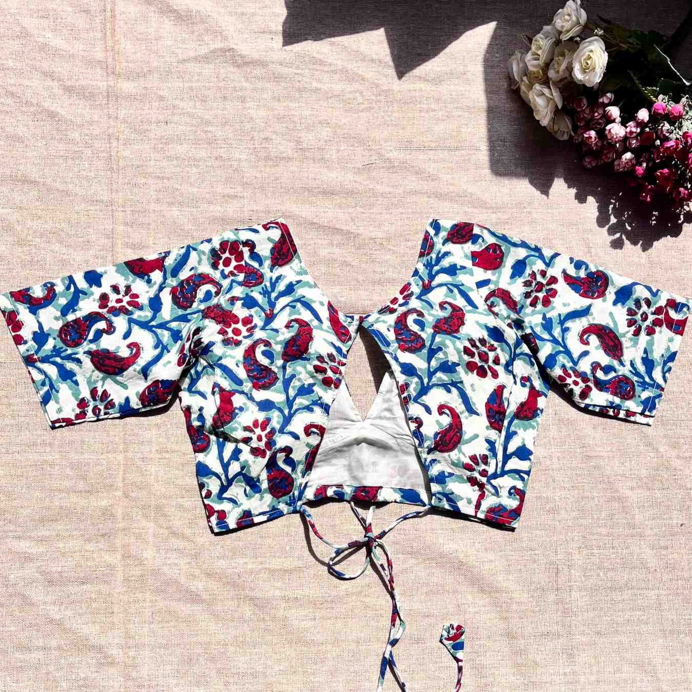 White Green Paisley Deep V Neck Cotton Blouse - Fal3327