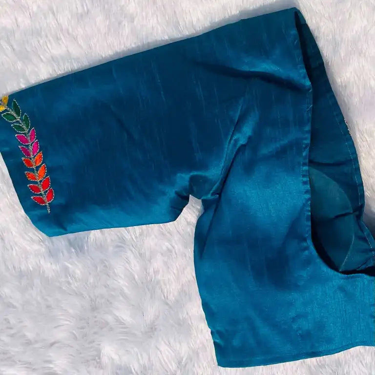 Teal Blue Multicolor HandWork Embroidery V Neck Raw Silk Blouse