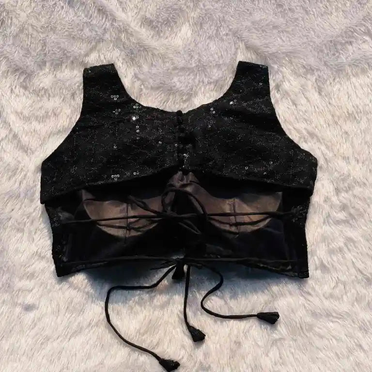 Black Chikan Sequin Cut Sleeves Blouse