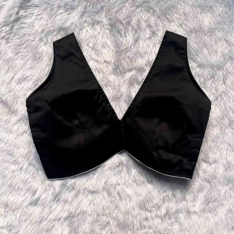 Black Deep Neck Silver Piping Taffeta Blouse