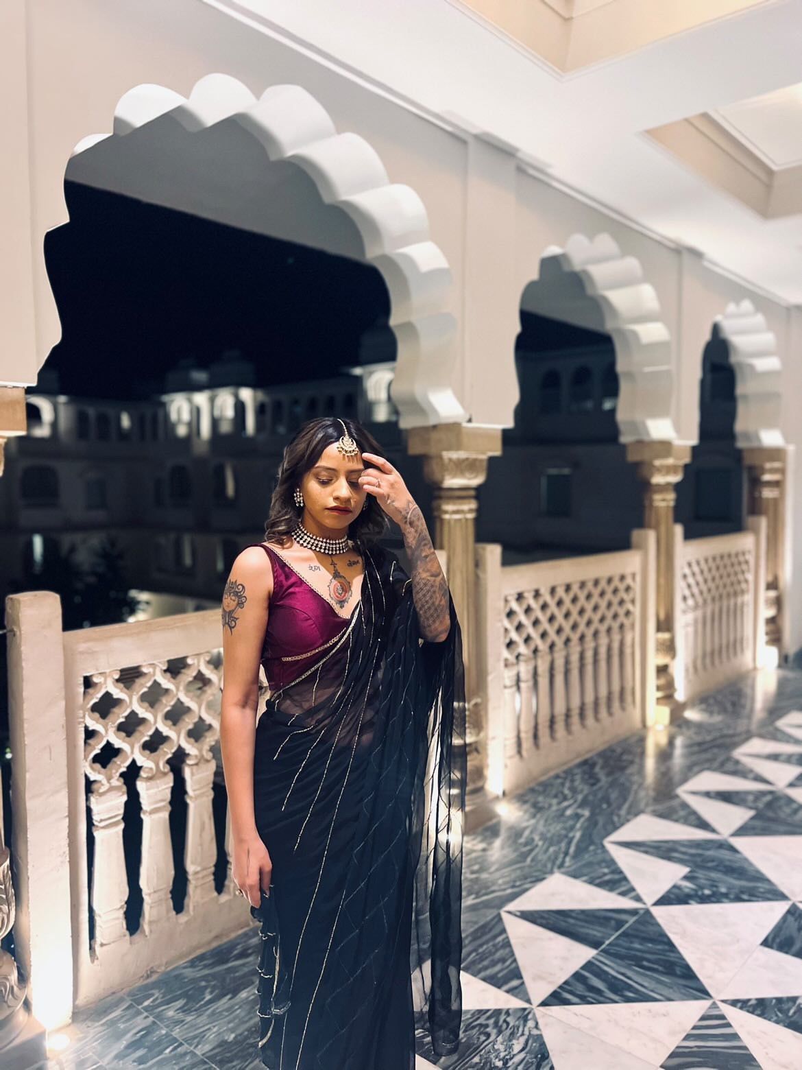 Black Handwork Saree and Wine Deep Neck Blouse - Fal3319