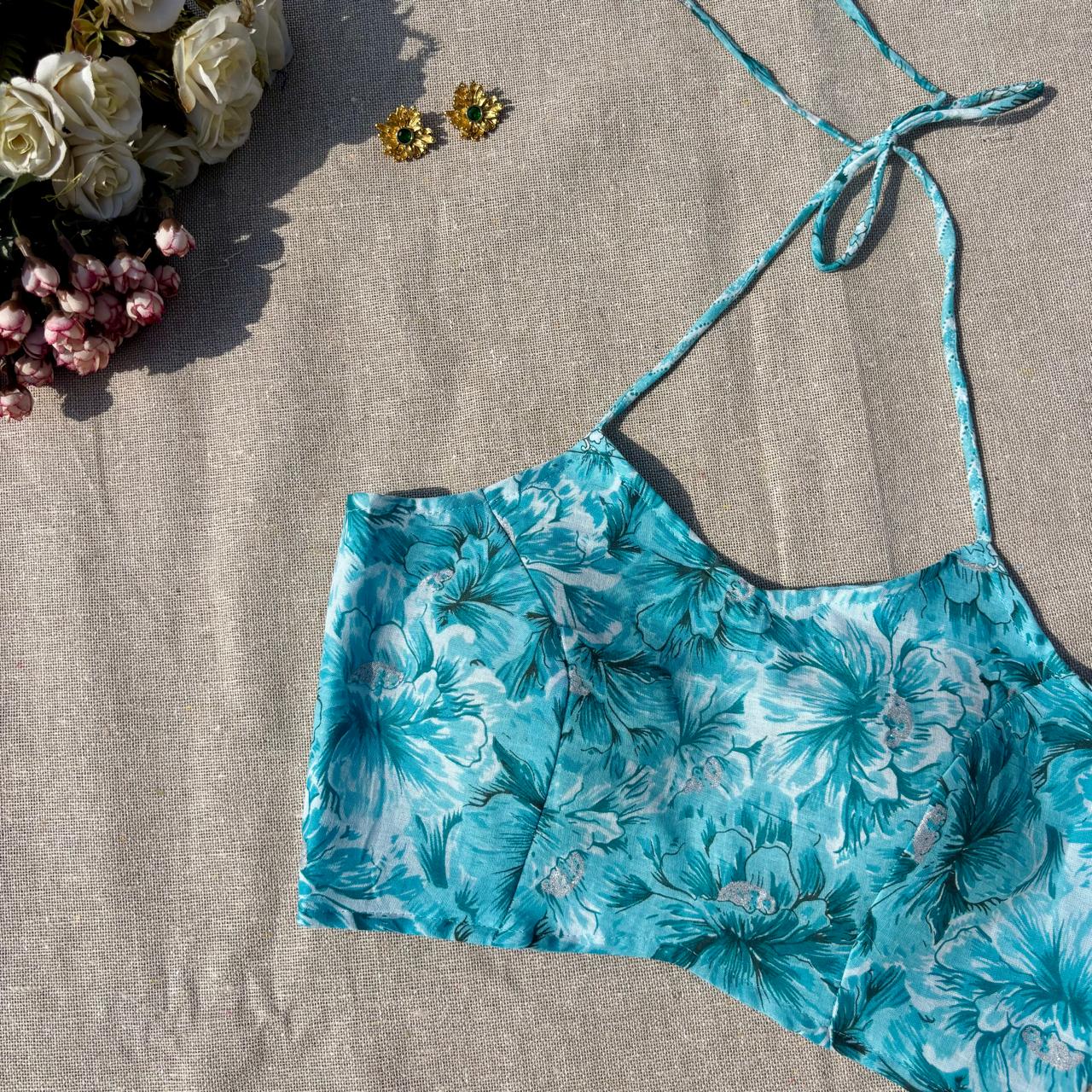 Blue Floral Zig Zag Halter Neck Mul Blouse - Fal3337