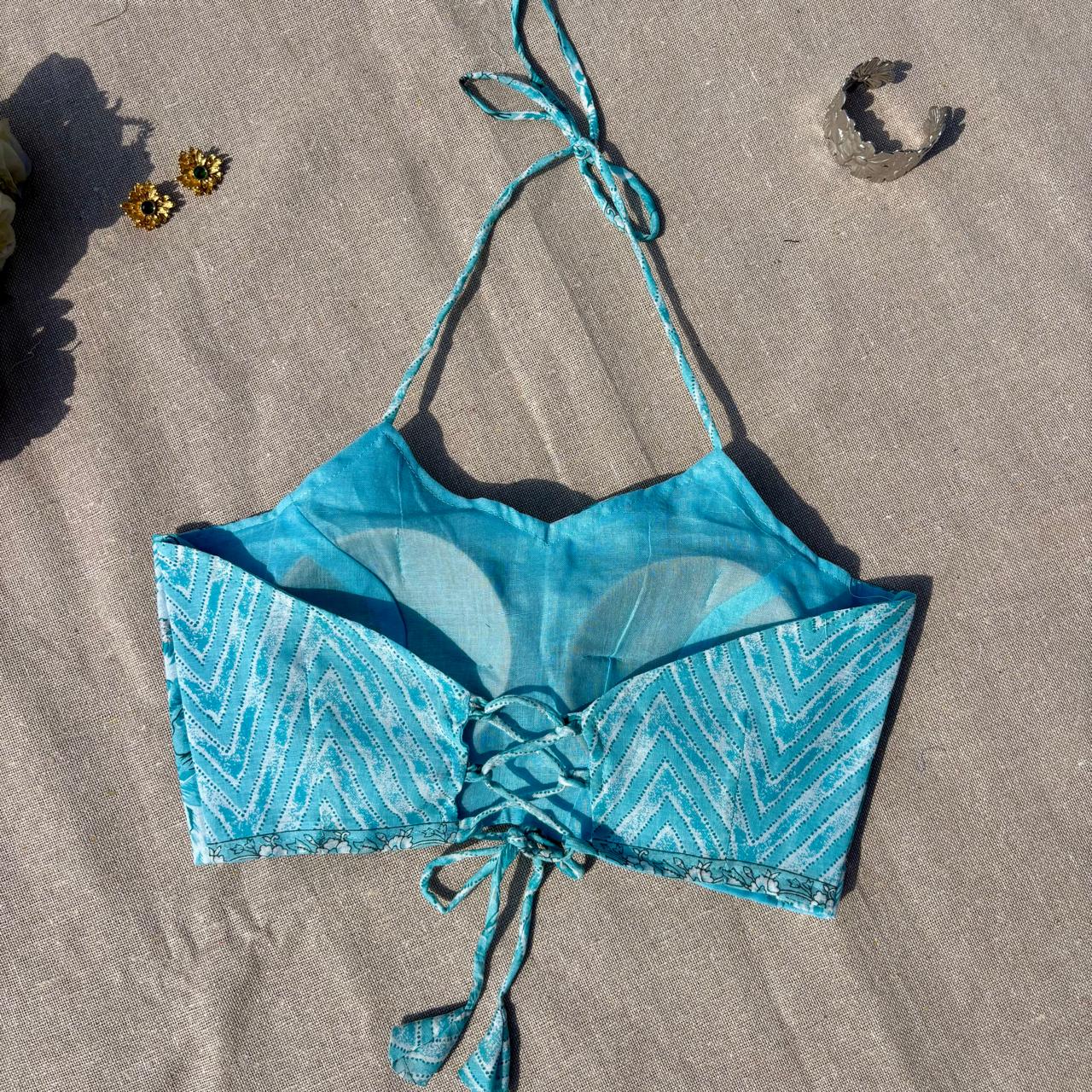 Blue Floral Zig Zag Halter Neck Mul Blouse - Fal3337