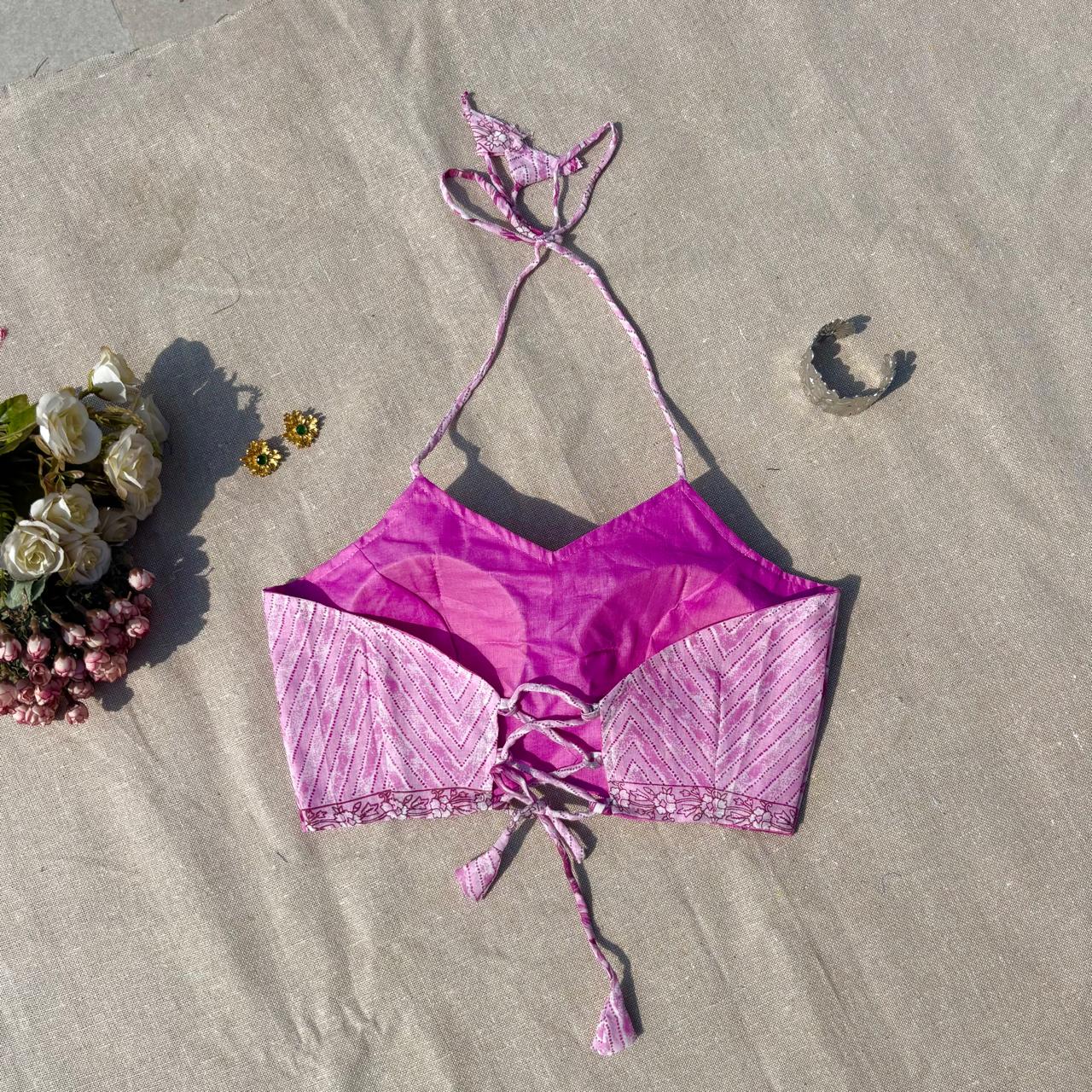 Lavender Pink Floral Zig Zag Halter Neck Mul Blouse - Fal3338