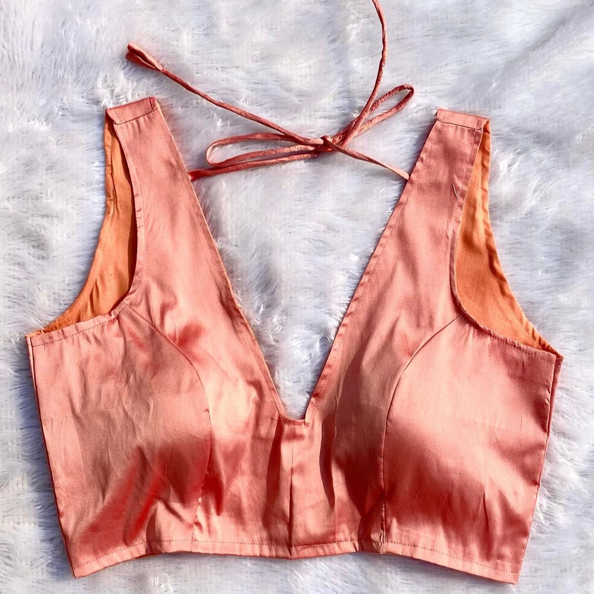Peach Deep V Neck Plain Raw Silk Blouse - Fal3339