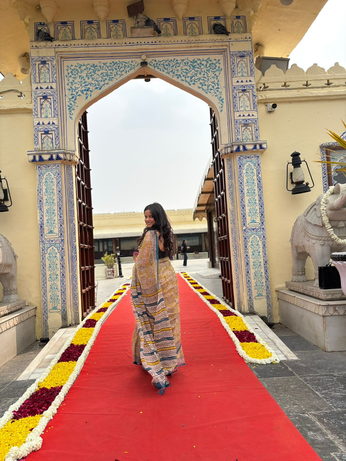 Yellow Handblock Kota Doria Saree