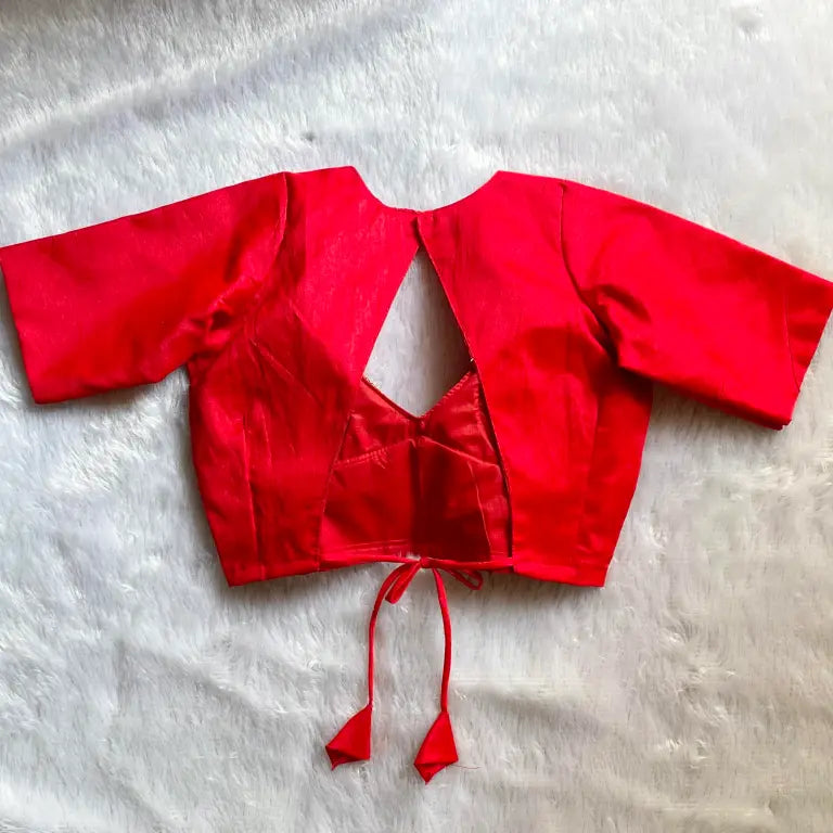 Red Deep V Neck and Back V Knot Plain Raw Silk Blouse