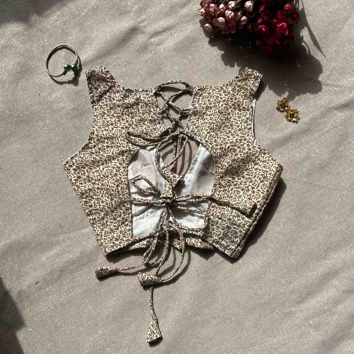 Cream Brown Jaal Deep V Neck Cotton Blouse - Fal3342