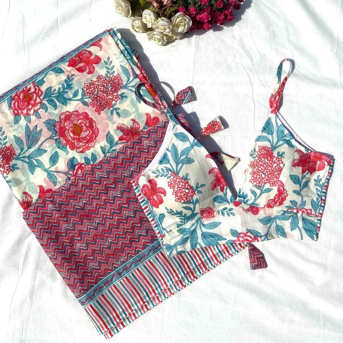 White Pink Zig Zag Floral Pure Mulmul Saree and Blouse