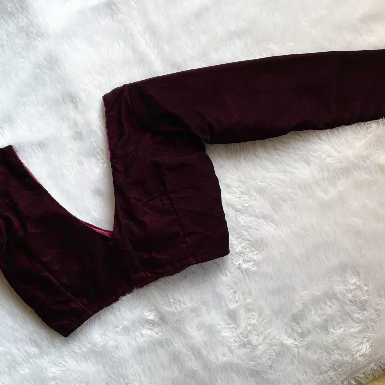 Wine Deep V Neck Full Sleeves Velvet Blouse