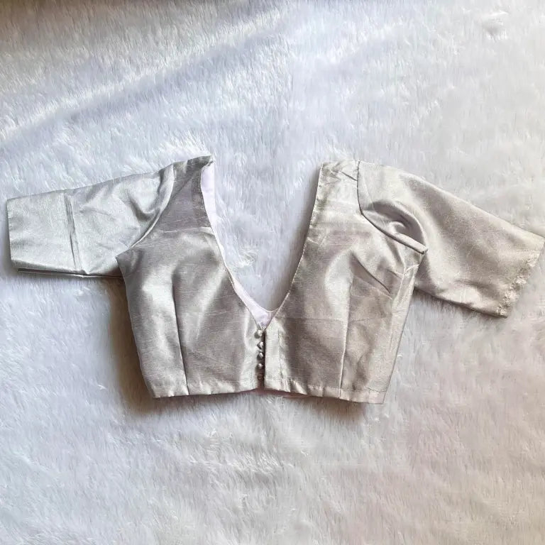 Grey Deep V Neck Back Potli Button Plain Raw Silk Blouse