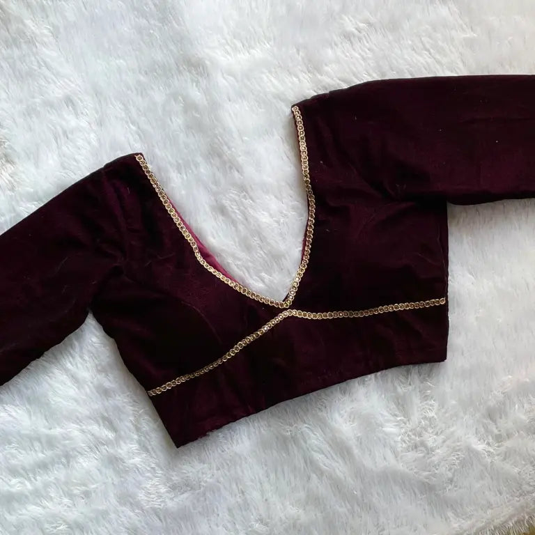 Wine Deep V Neck Full Sleeves Velvet Blouse