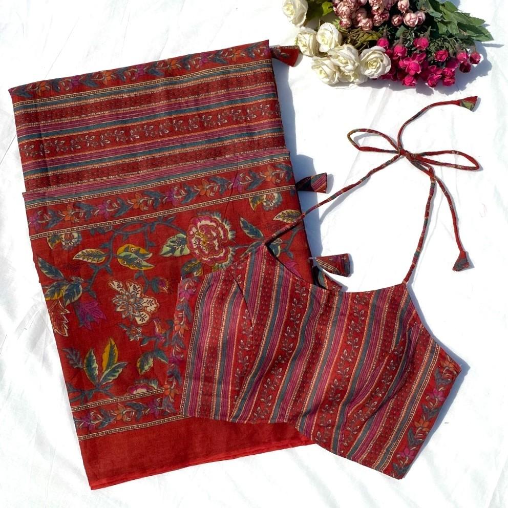 Maroon Stripe Floral Pure Mulmul Saree and Blouse