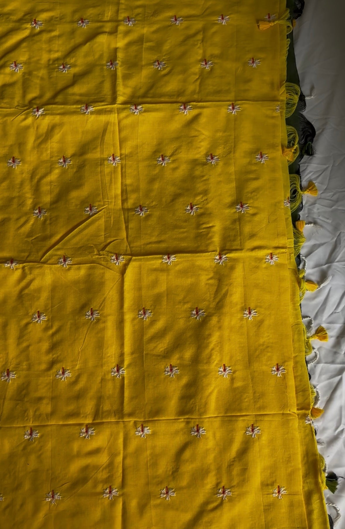 Yellow Floral Embroidery Mul saree